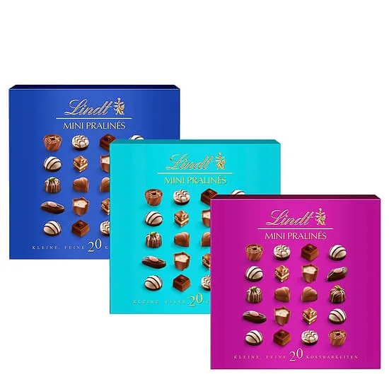 Mini pralines boxes in blue, turquoise and pink