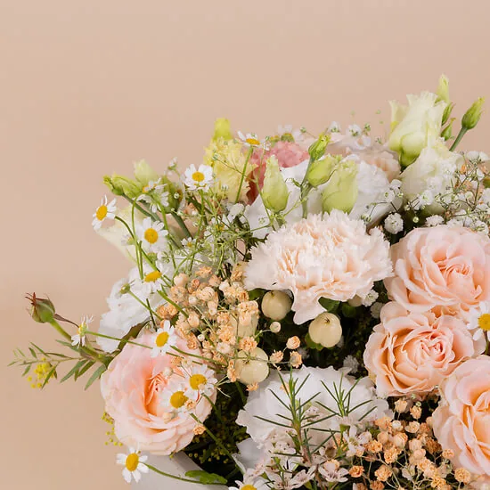 Pastel roses, lisianthus and chamomile in the Douceur birth arrangement